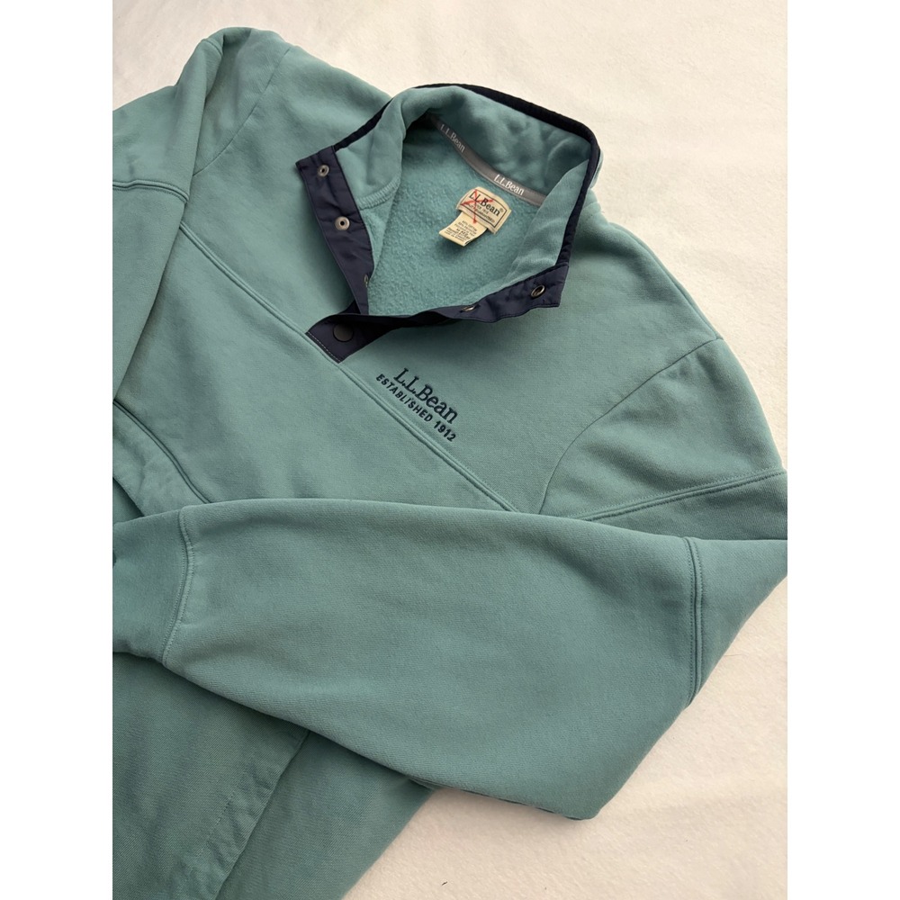 LL Bean Mens Medium Snap Neck Fleece Sweatshirt Teal Blue Pullover Kangaroo